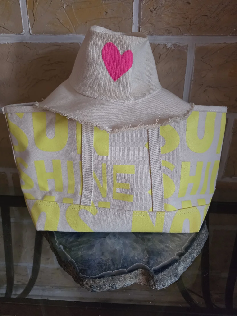 Kerri Rosenthal  Large Canvas Tote with Yellow Heart Accent And Canvas Hat